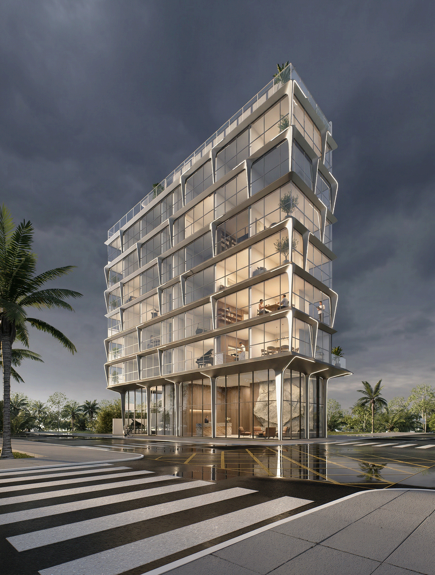 Volumetría del edificio y galería comercial en planta baja. Imagen conceptual del proyecto, sujeta a modificaciones.
