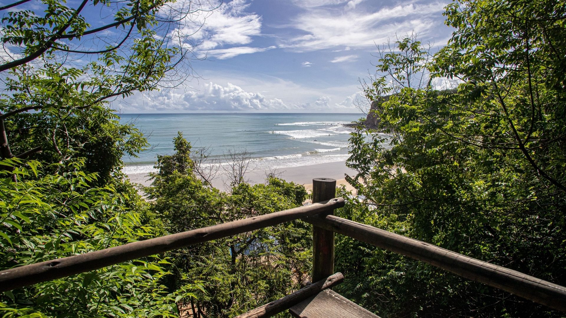 Vista del mar y la playa desde un mirador de madera entre vegetación nativa