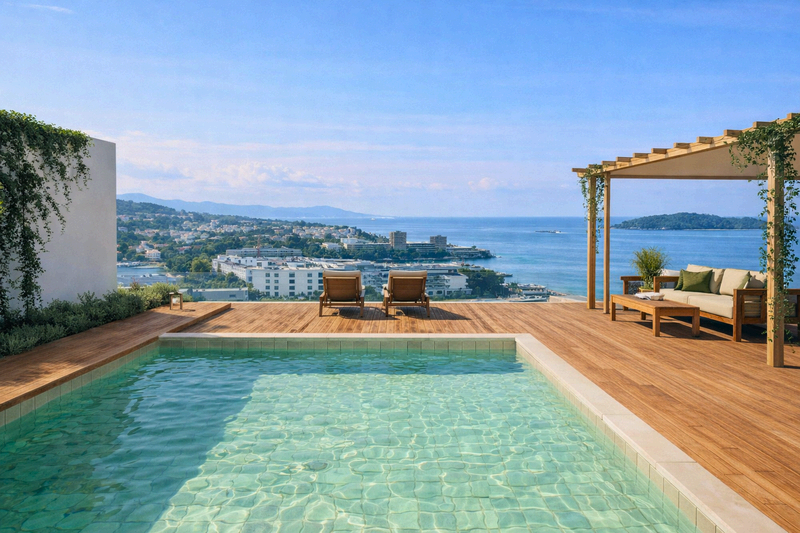 Piscina y solárium con vista al mar. Imagen conceptual del proyecto, sujeta a modificaciones.