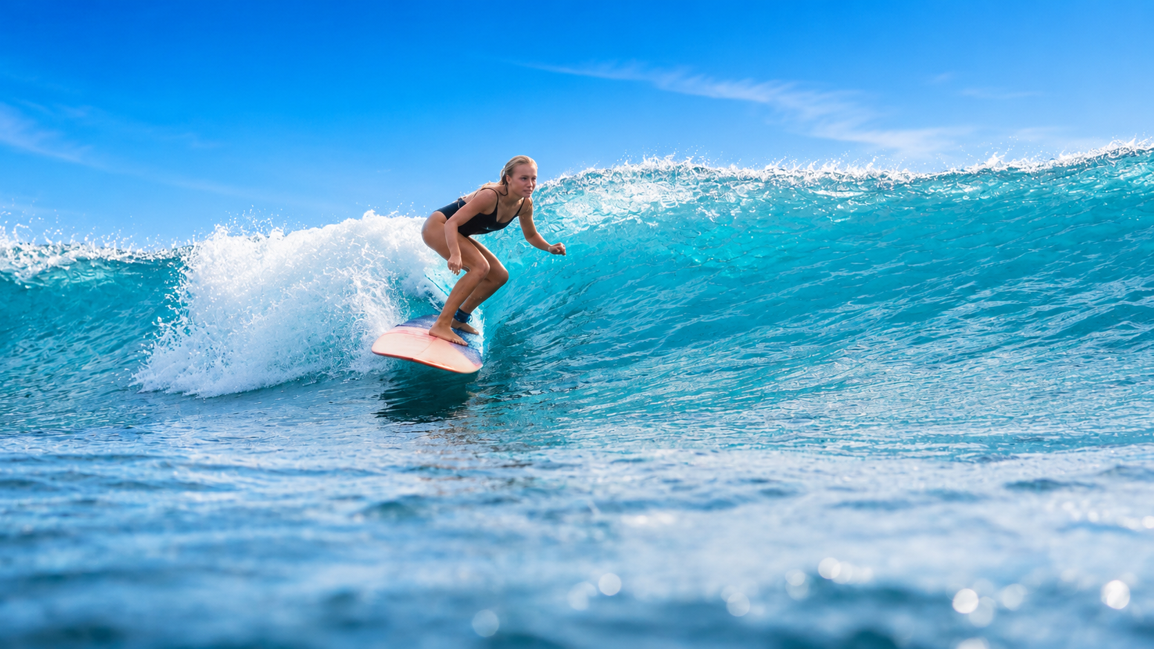 Surfista deslizándose sobre una ola azul en mar abierto