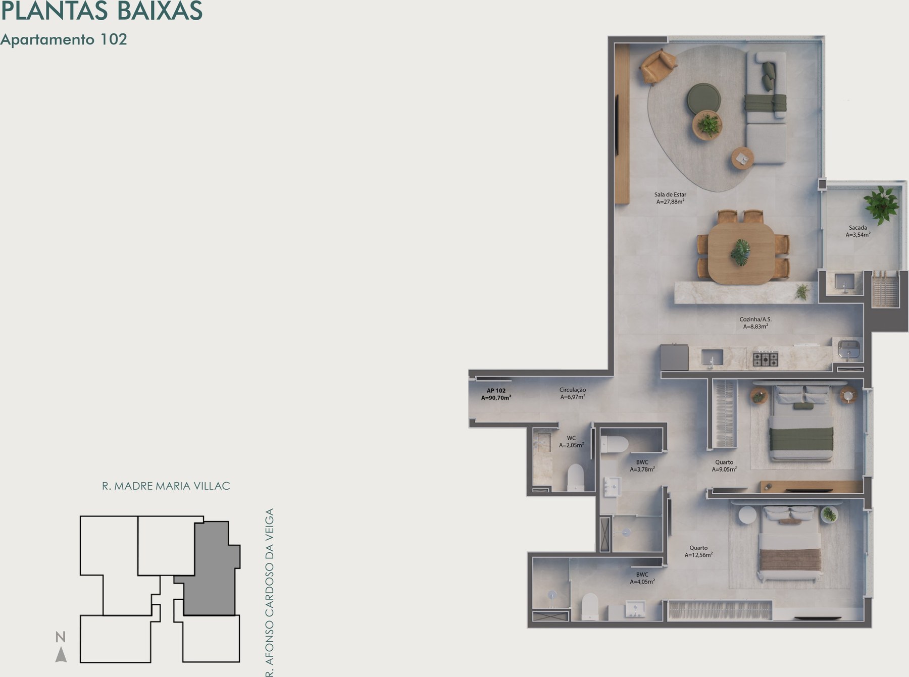 2 dormitorios — 102,70 m² privativos (unidad 102)