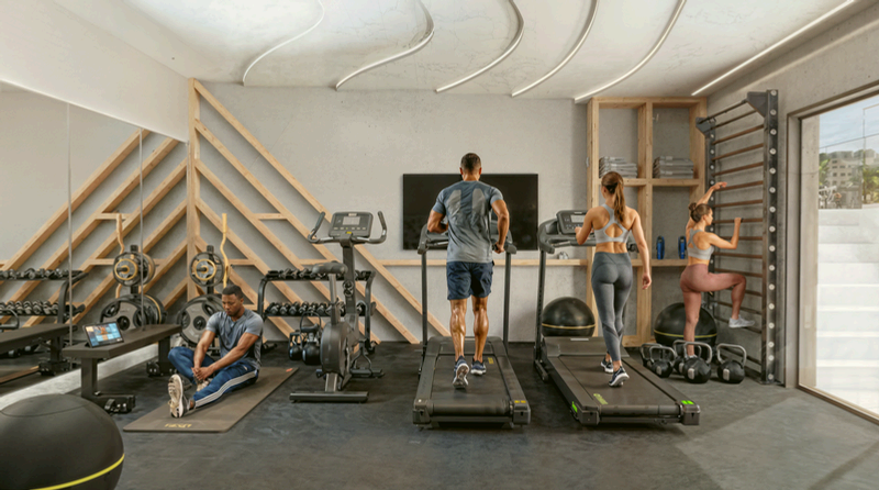 Gimnasio equipado en áreas comunes. Imagen conceptual del proyecto, sujeta a modificaciones.