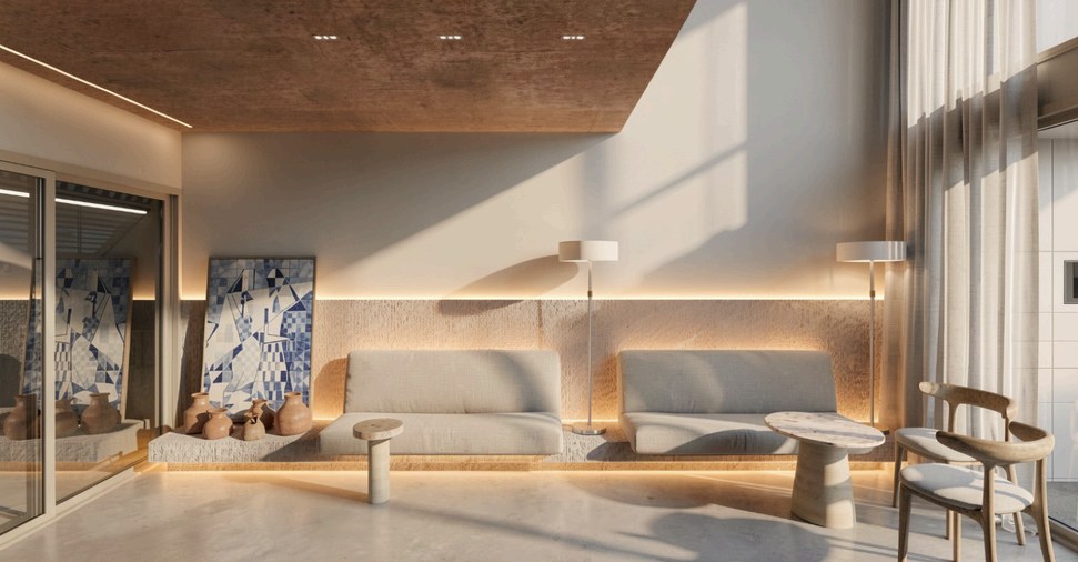 Estar del lobby, con materiales naturales