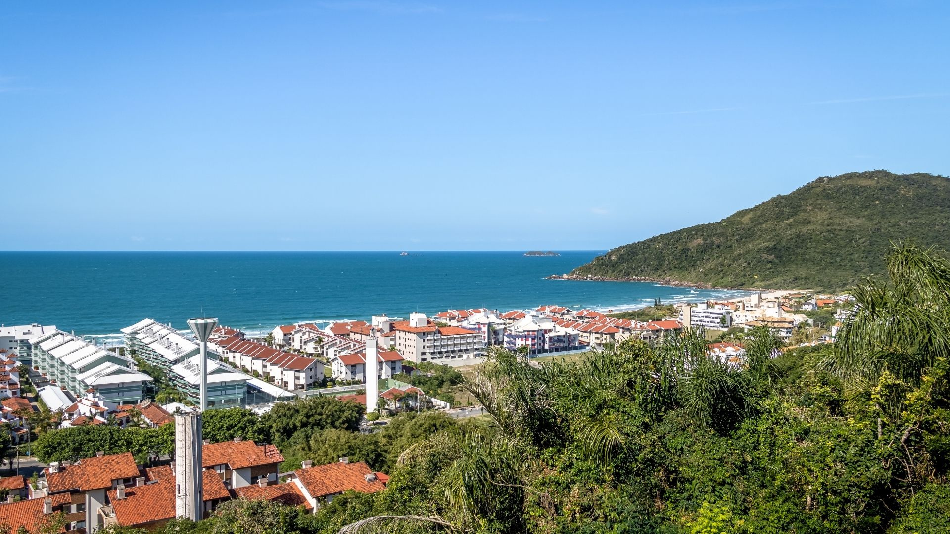 Vista desde lo alto de Praia Brava con casas de techos rojos, vegetación y el mar azul