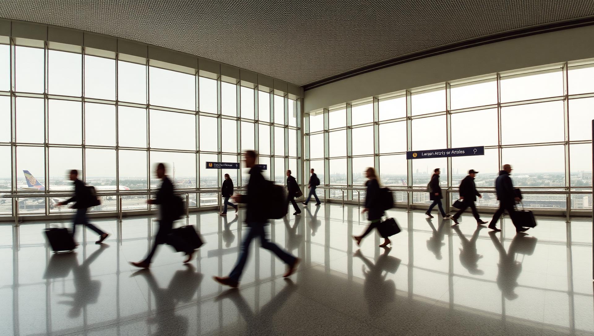 Pasajeros caminando por una terminal aérea con grandes ventanales