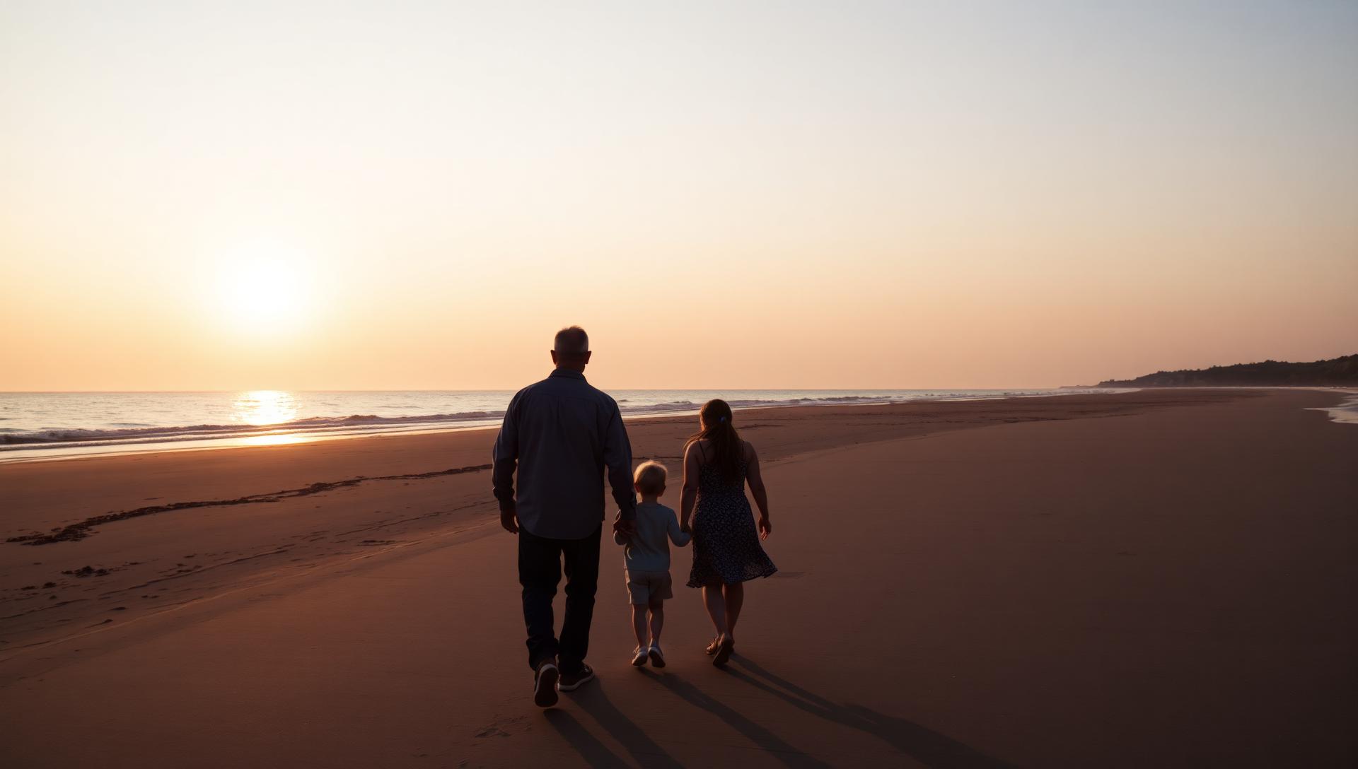 Familia caminando por la playa al atardecer, vista de espaldas