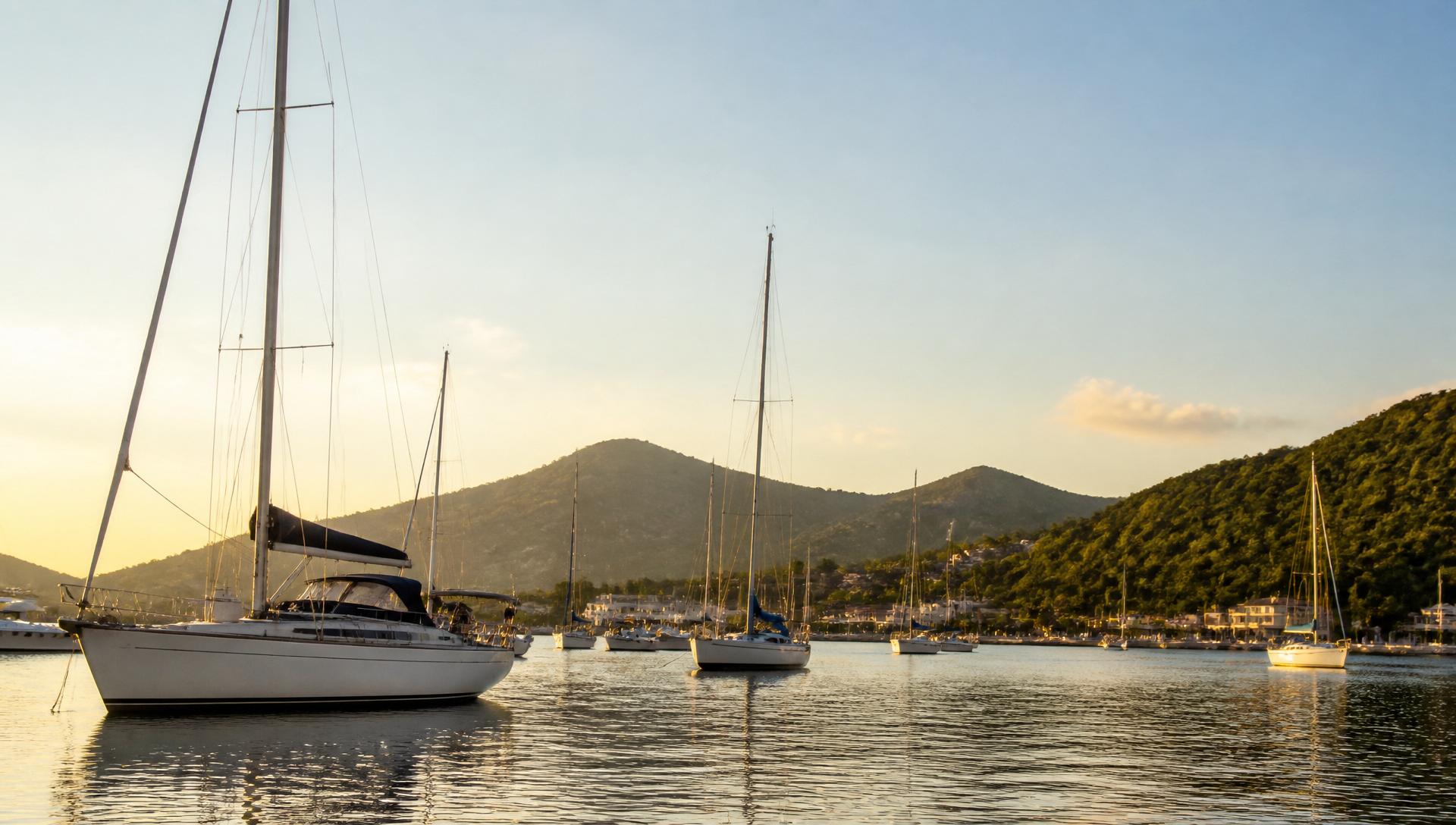 Marina con veleros amarrados en una bahía tranquila